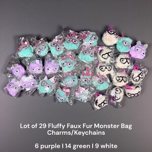Lot 29 Fluffy Monster Fur Bag Charms Keychains I Party Favors, Mardi Gras Throws